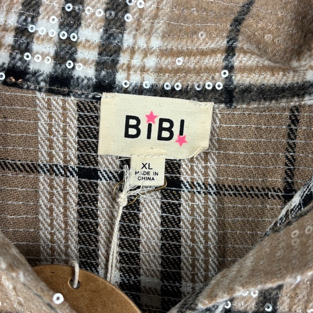 BiBi Plaid Tan/Black/White Sequin Shacket – Women’s Sz XL (NWT) - Picture 9 of 10